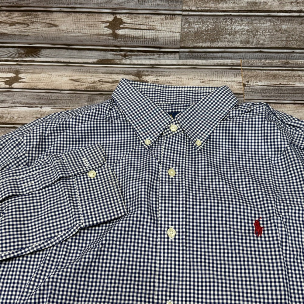 Ralph Lauren Button Down Shirt Mens Large Blue White Gingham Plaid Pony Logo